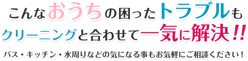 こんなおうちの困ったトラブルもクリーニングと合わせて一気に解決!!バス・キッチン・水周りなどの気になる事もお気軽にご相談ください！